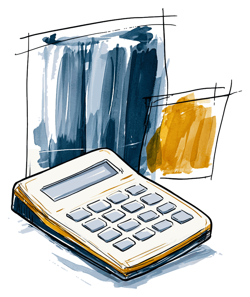 A pocket calculator lying flat, drawn in ink and marker