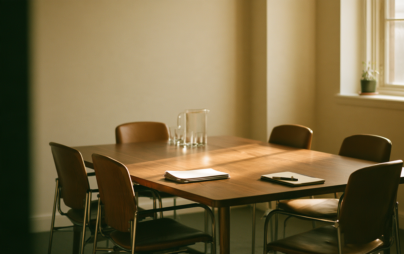 A small board meeting room with a wooden conference table, chairs pulled around it, and paper packets set at three seats. Empty of people.